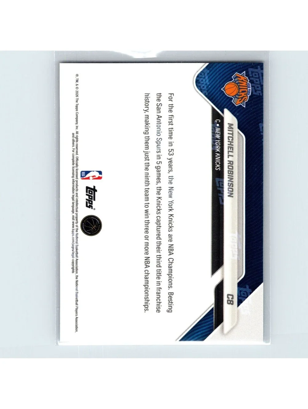 2025-26 Topps Now NBA Mitchell Robinson #C8 New York Knicks Champions